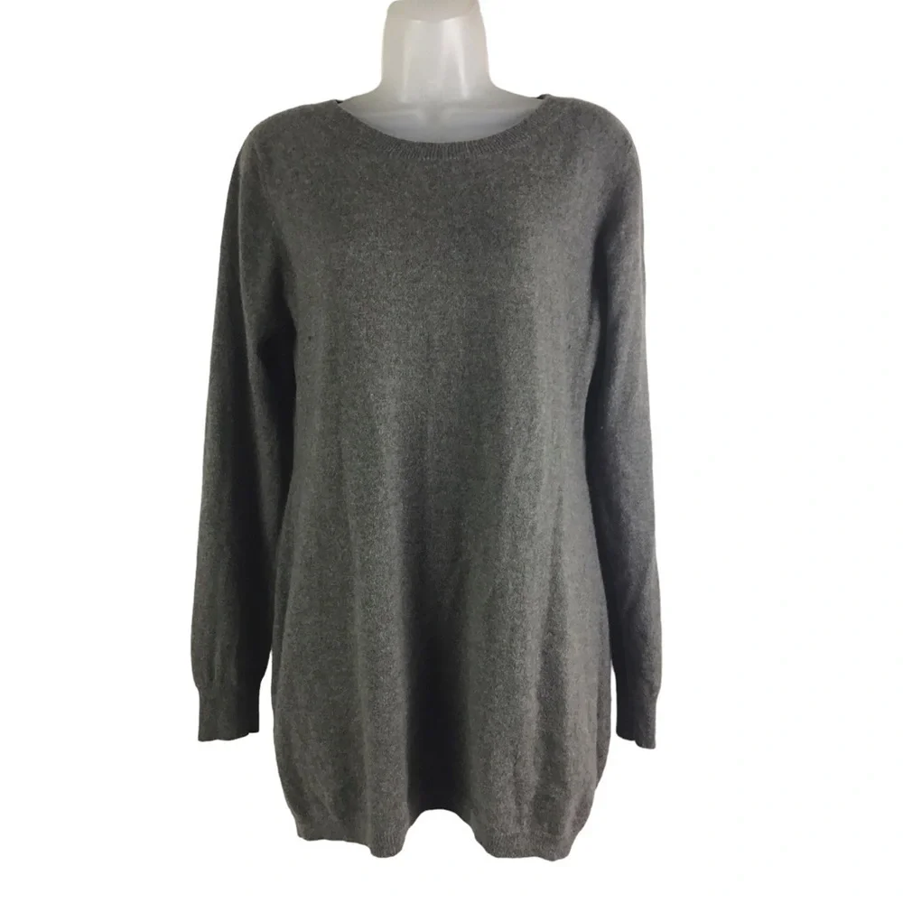 Ply Cashmere Women’s XL Crew Neck Gray Tunic Sweater Black Stripe on Back - Picture 2 of 10